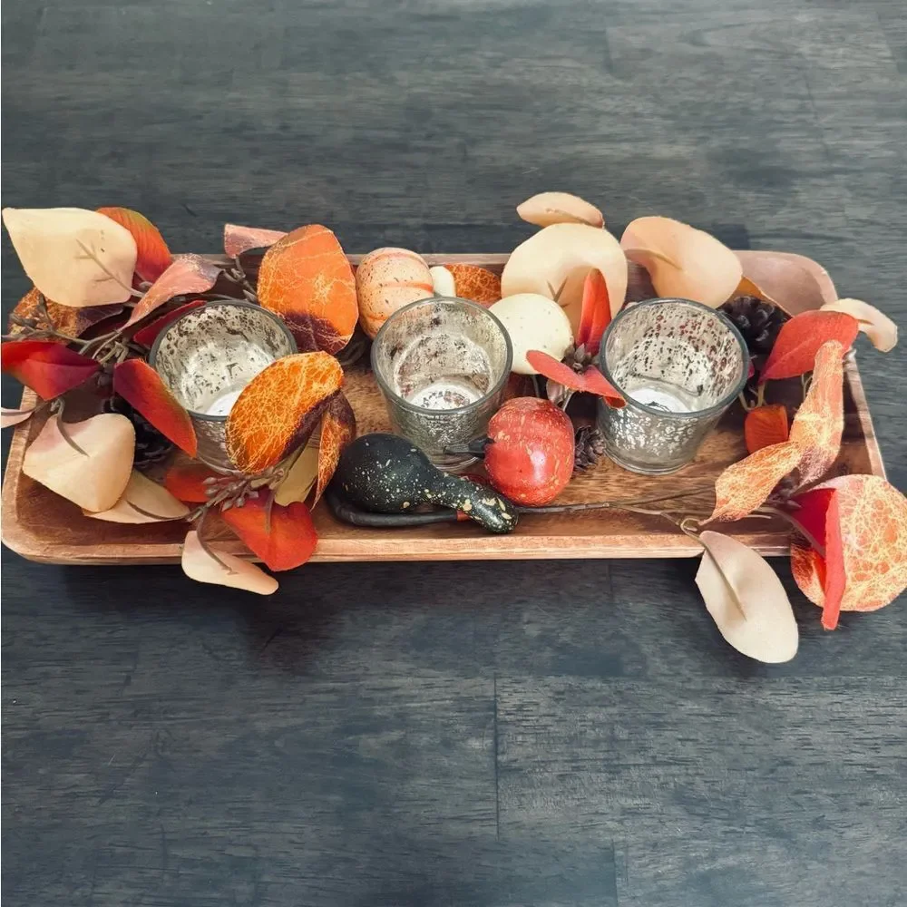 Acacia Wood Fall Autumn Tray Floral Candle Holder Centerpiece Decor